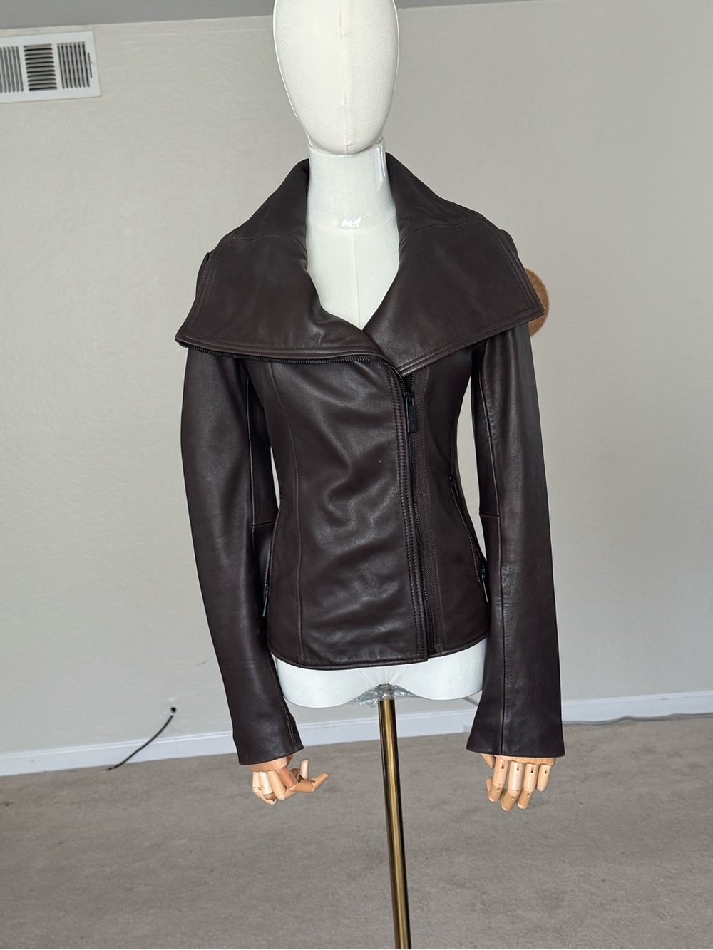Michael Kors Dark Brown Leather Asymmetrical Zip Jacket